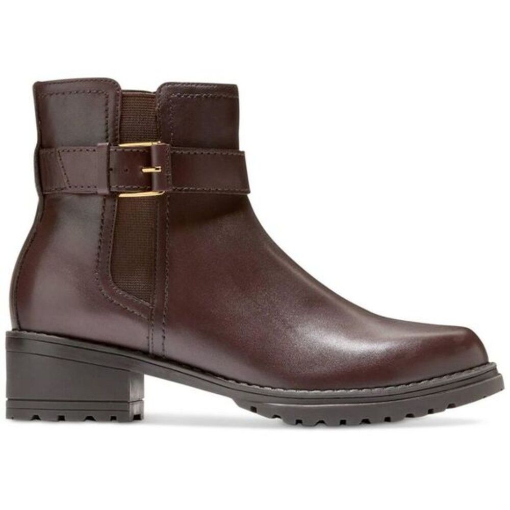 Cole Haan Waterproof Brown Leather Ankle Boots – Size 7, Buckle Detail, Lug Sole